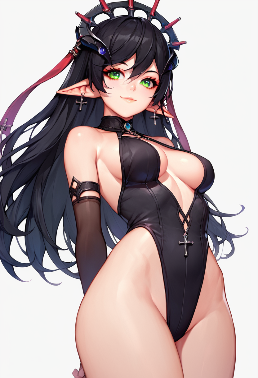score_9, score_8_up, score_7_up, score_6_up, 1girl, solo, <lora:Layna:1> Layna, green eyes, black hair, elbow gloves, hair ornament, pointy ears, cross earrings, detailed eyes, perfect face, perfect eyes, sexy, sexy girl, beautiful eyes, petite body, thick thighs, medium breasts, standing, arms behind back, posing, light smile, simple background, from below, dynamic angle