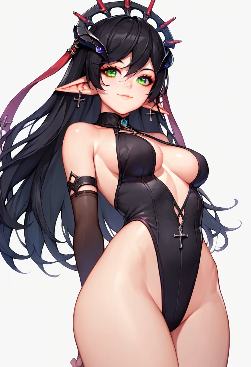 score_9, score_8_up, score_7_up, score_6_up, 1girl, solo, <lora:Layna:1> Layna, green eyes, black hair, elbow gloves, hair ornament, pointy ears, cross earrings, detailed eyes, perfect face, perfect eyes, sexy, sexy girl, beautiful eyes, petite body, thick thighs, medium breasts, standing, arms behind back, posing, light smile, simple background, from below, dynamic angle