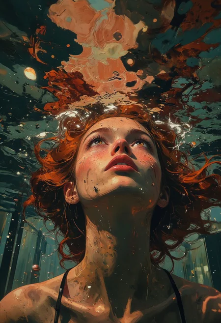 A highly detailed photograph, HD, 8K quality, ultra-detailed, masterpiece artwork, features a captivating underwater scene centered on a wide-eyed woman partially submerged. Her curly, reddish-blonde hair billows around her head, catching the soft, refracted light dancing across the water’s surface. The woman expression is one of awe and wonder, her mouth slightly open as she gazes upward, creating a striking focal point against the fluid distortions of the surrounding water. Tiny air bubbles float around her, emphasizing the sense of immersion and movement, while the rippling reflections across her face enhance the surreal, dreamlike atmosphere. The interplay of shimmering highlights and gentle shadows on her skin and hair gives depth to the underwater environment, blending realism with a hint of magical allure. The background remains softly blurred, allowing the subject’s vivid expression and the intricate details of the water’s texture to stand out.
The composition is both serene and mesmerizing,
