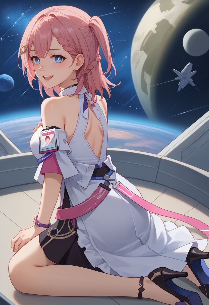 score_9, score_8_up, score_7_up, source_anime, 1girl, astadef, blue eyes, pink hair, medium hair, braid, one side up, hair ornament, hairclip, medium breasts, choker, bare shoulders, detached sleeves, white shirt, sleeveless shirt, collared shirt, id card, bracelet, black skirt, thigh strap, black footwear, high heels, kneeling, wariza, open mouth, smile, blush, looking at viewer, space station, spacecraft, starry sky, star \(sky\), moon, facing viewer, from behind, back, looking back, <lora:Asta_v1-000010:1>