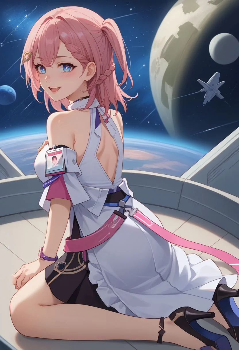 score_9, score_8_up, score_7_up, source_anime, 1girl, astadef, blue eyes, pink hair, medium hair, braid, one side up, hair ornament, hairclip, medium breasts, choker, bare shoulders, detached sleeves, white shirt, sleeveless shirt, collared shirt, id card, bracelet, black skirt, thigh strap, black footwear, high heels, kneeling, wariza, open mouth, smile, blush, looking at viewer, space station, spacecraft, starry sky, star \(sky\), moon, facing viewer, from behind, back, looking back, <lora:Asta_v1-000010:1>