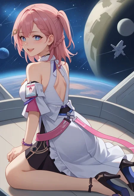 score_9, score_8_up, score_7_up, source_anime, 1girl, astadef, blue eyes, pink hair, medium hair, braid, one side up, hair ornament, hairclip, medium breasts, choker, bare shoulders, detached sleeves, white shirt, sleeveless shirt, collared shirt, id card, bracelet, black skirt, thigh strap, black footwear, high heels, kneeling, wariza, open mouth, smile, blush, looking at viewer, space station, spacecraft, starry sky, star \(sky\), moon, facing viewer, from behind, back, looking back, <lora:Asta_v1-000010:1>