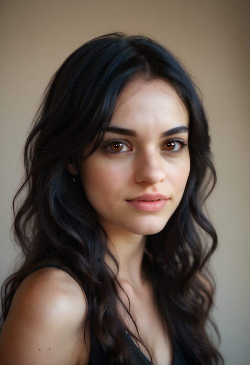 realistic, 42yo girl, long wavy black hair, brown eyes, UHD, photorealistic, best quality, masterpiece, 16K, cinematic