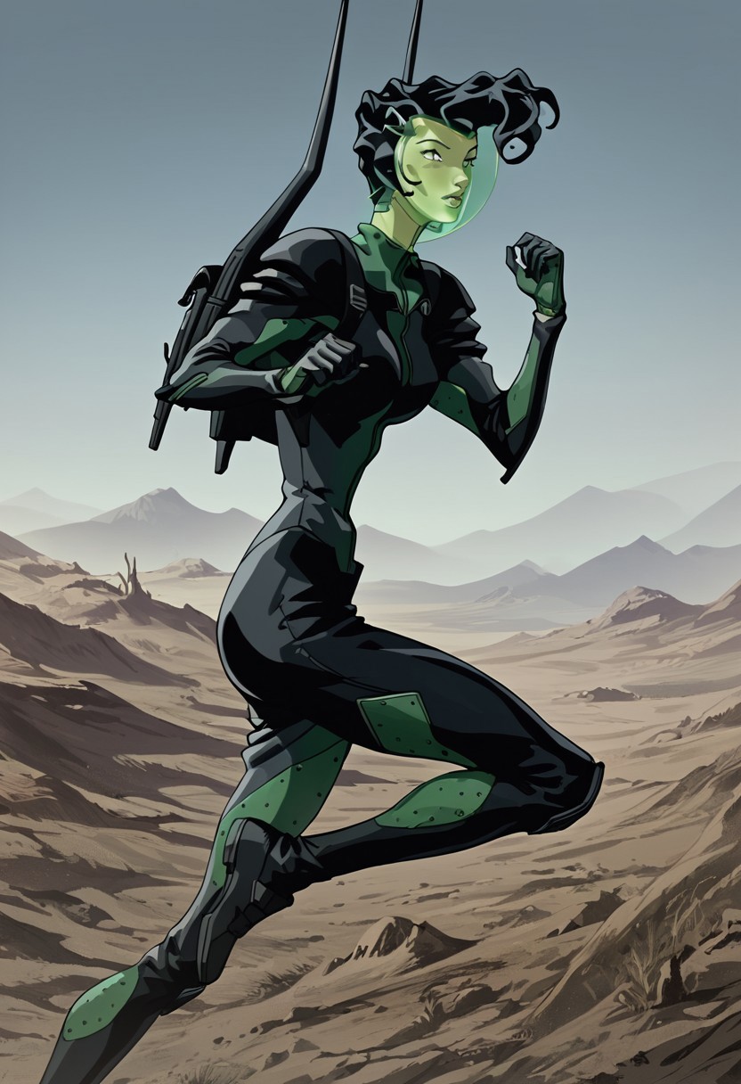 (((beautiful, high quality))), score_9, score_8_up, score_7_up, score_9, score_8_up, score_8, masterpiece, 4k, best quality, unrealistically high details, extremely high quality, ultra high detail, good anatomy, perfect anatomy, anatomically correct hands:1.5, 
ani_alexa, 1girl, solo, black hair, short hair, black and green body suit, green face mask, antenna backpack,  full body, running, from side, outdoors, desolate rocky desert, night, dark sky, detailed Background,