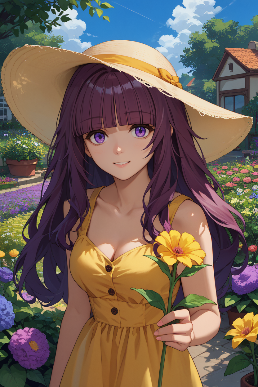 score_9, score_8_up, score_7_up, score_6_up, source_anime, 1girl, solo, <lora:eta-pdxl-nvwls-v1:1> eta, purple hair, blunt bangs, long hair, yellow sundress, sun hat, garden, flowers, holding flower, cleavage, medium breasts, blue sky, clouds, looking at you, happy