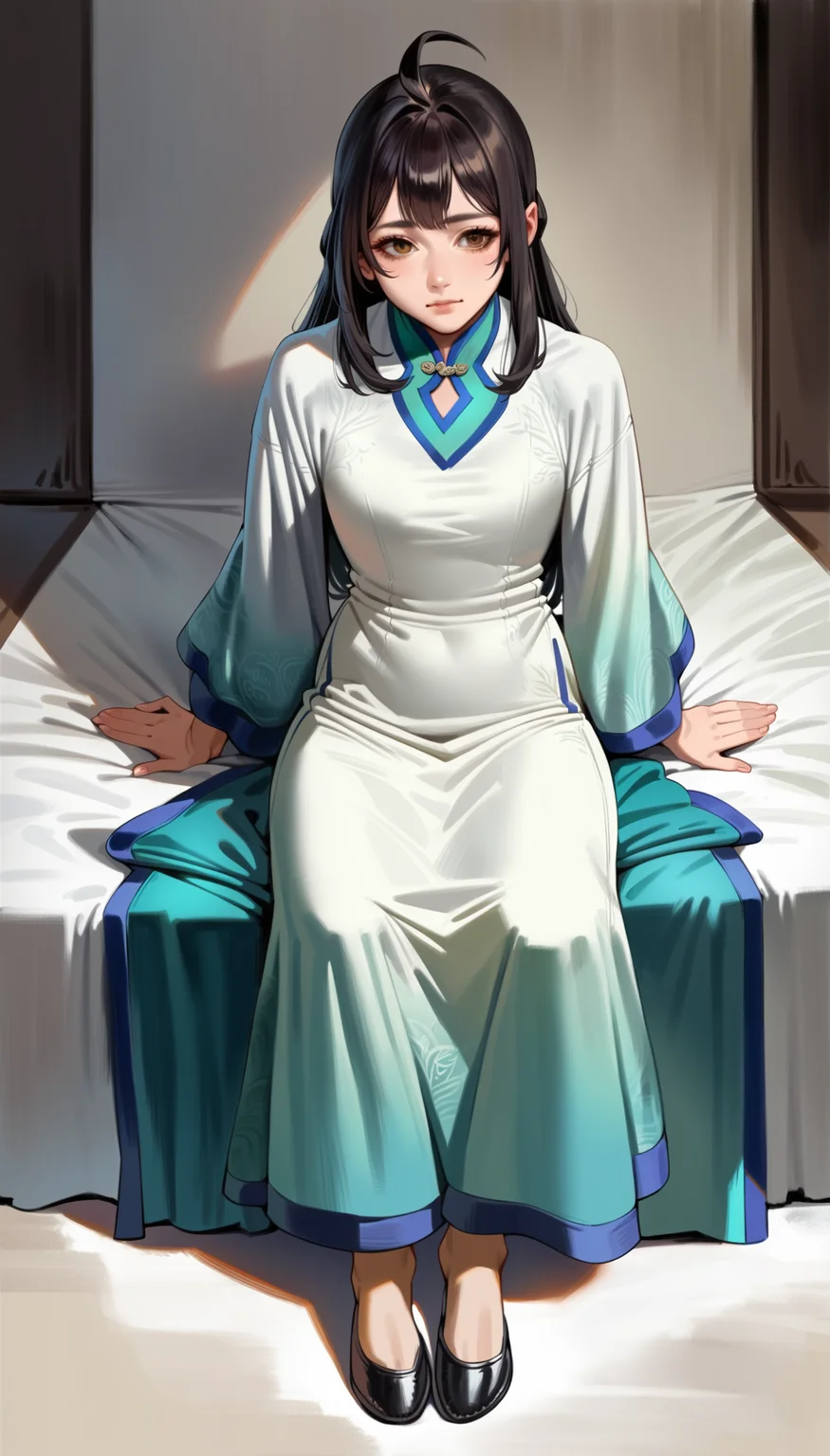 score_9,score_8_up,score_7_up,<lora:xinxianying>,xinxianying,
1girl,solo,long black hair,bangs,ahoge,brown eyes,informal costume,black shoes,full body,sitting,indoors,simple background,