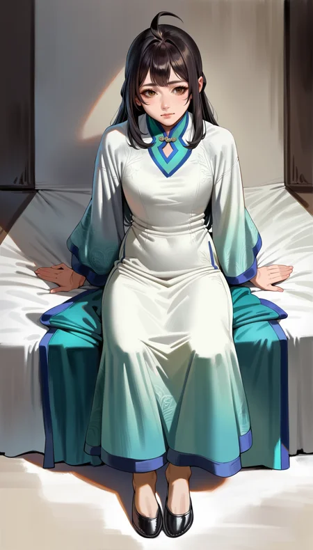 score_9,score_8_up,score_7_up,<lora:xinxianying>,xinxianying,
1girl,solo,long black hair,bangs,ahoge,brown eyes,informal costume,black shoes,full body,sitting,indoors,simple background,