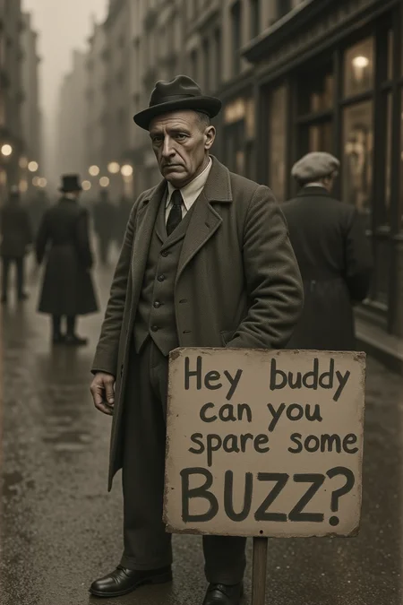A man down on his luck during the 1030s depression, holding a sign that reads "Hey buddy, can you spare some (((BUZZ))) ?".
