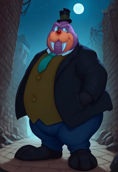 score_9, score_8_up, score_7_up, sfw, rotund, furry male, Rotor the walrus as mr walrus, with large mustache, <lora:MrWalrus_PXL_Leaf1:1>, green eyes, fangs, furry,  furry anthro, alley, posing,  clothed,  walrus, fat, overweight, walrus tusks, squinting eyes, smile, solo, 1boy, male focus, <lora:pony_monocles-step00000800:1>,(monocle),round eyewear, top hat,, suit, gloves, furry male, mustache, necktie, a robber-baron wearing a monocle on a chain on his left eye, top hat, white shirt, black vest from 1900, holding a pocketwatch, standing
BREAK
city, ruins, back alley, outside, night, moon, stars, ambient light,
