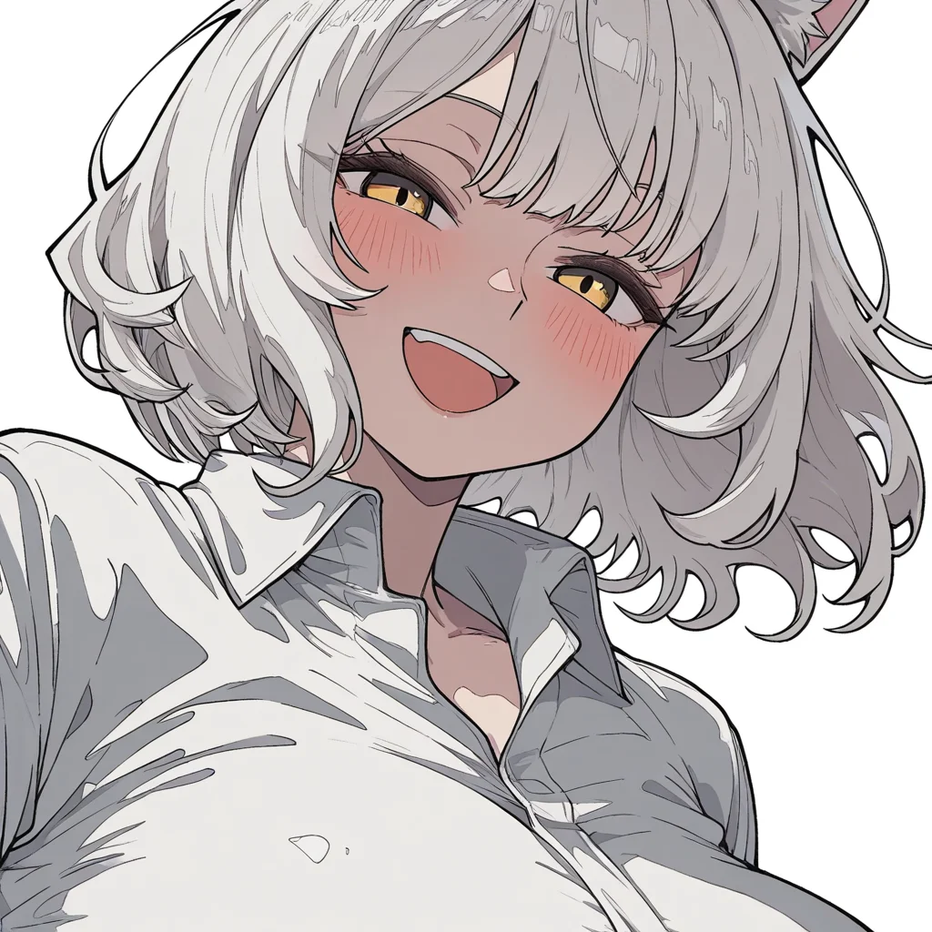 inakamonorwhitecatgirl, solo, blush, 1girl, open mouth, looking at viewer, white background, shirt, short hair, portrait, smile, simple background, white shirt, collared shirt, :d