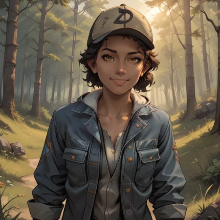 score_9, score_8, BREAK, solo, ,ClemTWD, dark-skinned female, dark skin, dark hair, short hair, brown eyes, denim jacket, cargo pants, high boots, cap, sexy pose, self portrait, smile, outdoors, sunlight, shadows, evening lighting, natural lighting, forest, trees, grass, orange sky, sunset