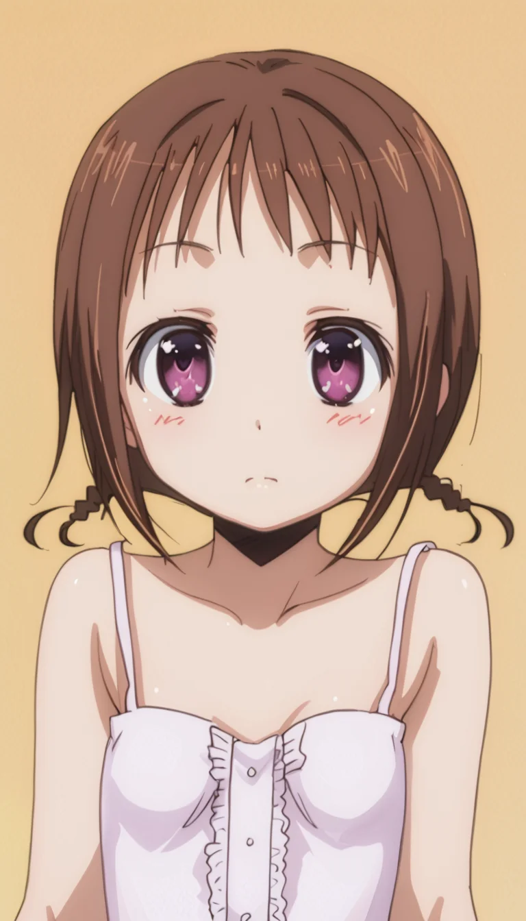 misatowakana,brown hair,purple eyes,short braids,camisole,simple background,<lora:Misato_Wakana-000010:1>,