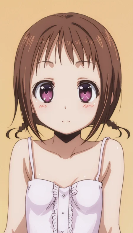 misatowakana,brown hair,purple eyes,short braids,camisole,simple background,<lora:Misato_Wakana-000010:1>,