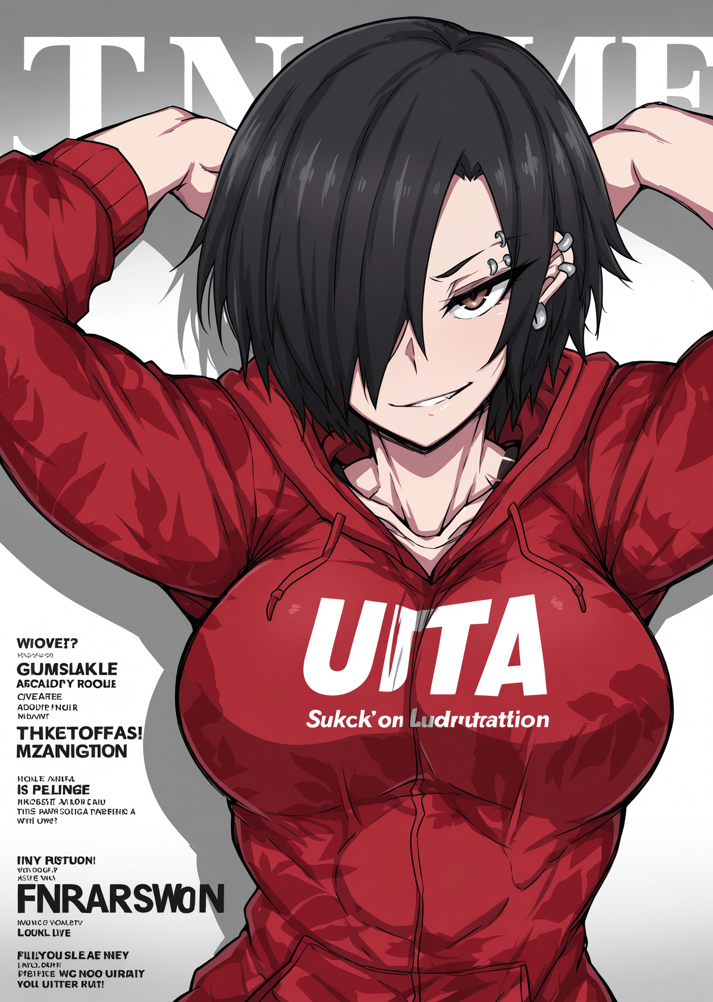 (masterpiece), (best quality), (ultra-detailed), (best illustration), (best shadow), (absurdres), (detailed background), (very aesthetic), 1girl, solo, <lora:Mizobuti_Yuko:1>, yuk0mma, black hair, short hair, hair over one eye, abs, muscular, brown eyes, large breasts, ear piercing, eyebrow piercing, upper body, red camo hoodie, looking at viewer, smirk, dynamic pose, fake magazine cover, magazine cover, logo, text, gradient background