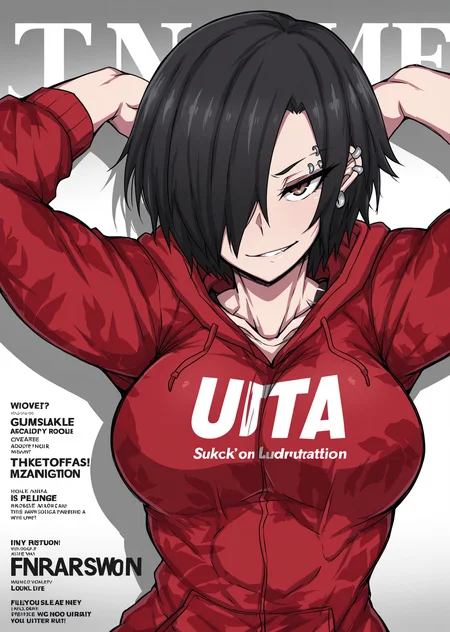 (masterpiece), (best quality), (ultra-detailed), (best illustration), (best shadow), (absurdres), (detailed background), (very aesthetic), 1girl, solo, <lora:Mizobuti_Yuko:1>, yuk0mma, black hair, short hair, hair over one eye, abs, muscular, brown eyes, large breasts, ear piercing, eyebrow piercing, upper body, red camo hoodie, looking at viewer, smirk, dynamic pose, fake magazine cover, magazine cover, logo, text, gradient background