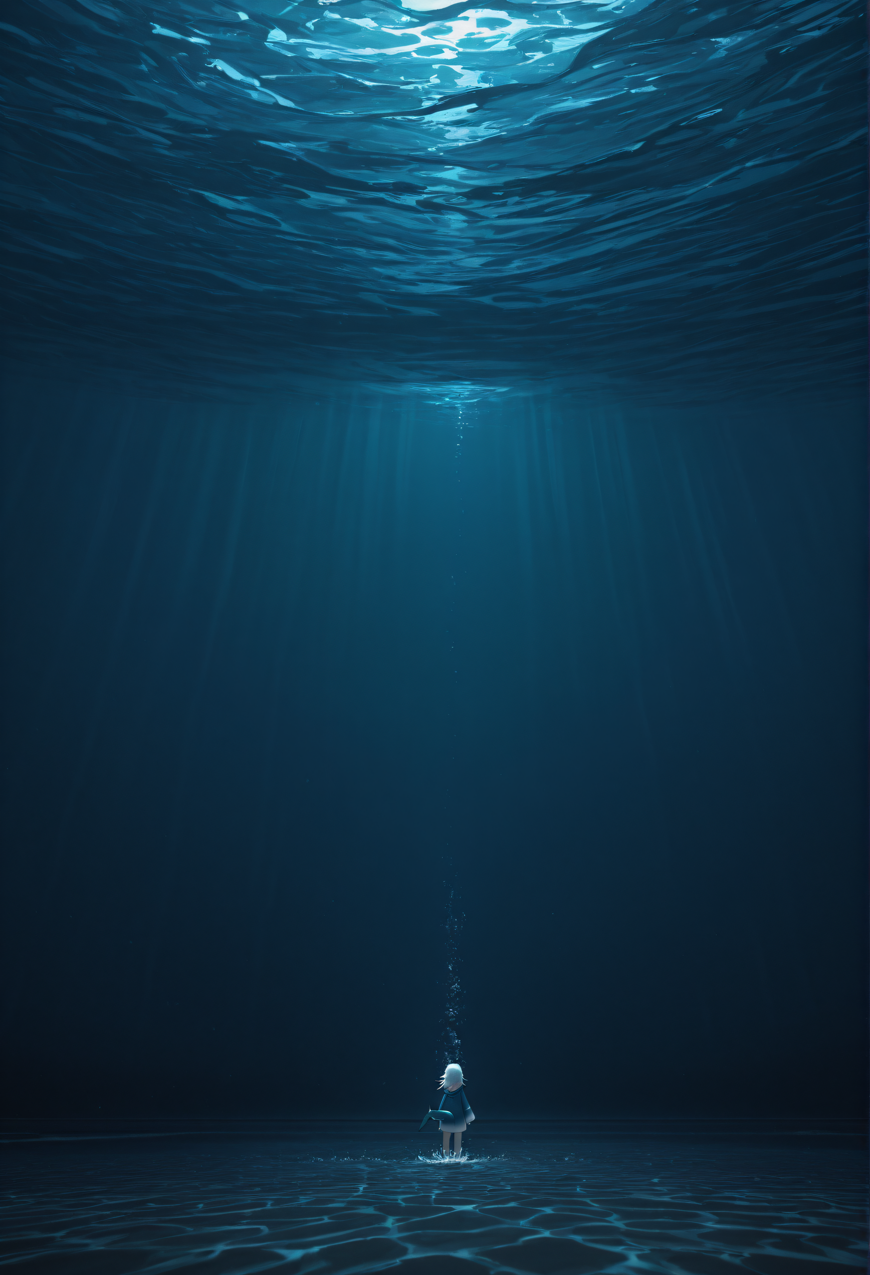 gawr_gura, abstract background, deep sea, blue, under water, dark, swimming, wide shot, masterpiece, absurdres