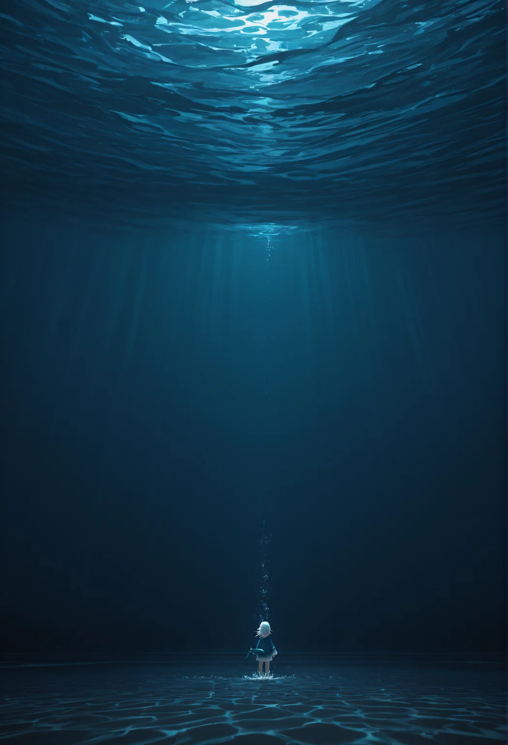 gawr_gura, abstract background, deep sea, blue, under water, dark, swimming, wide shot, masterpiece, absurdres