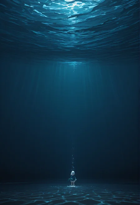 gawr_gura, abstract background, deep sea, blue, under water, dark, swimming, wide shot, masterpiece, absurdres