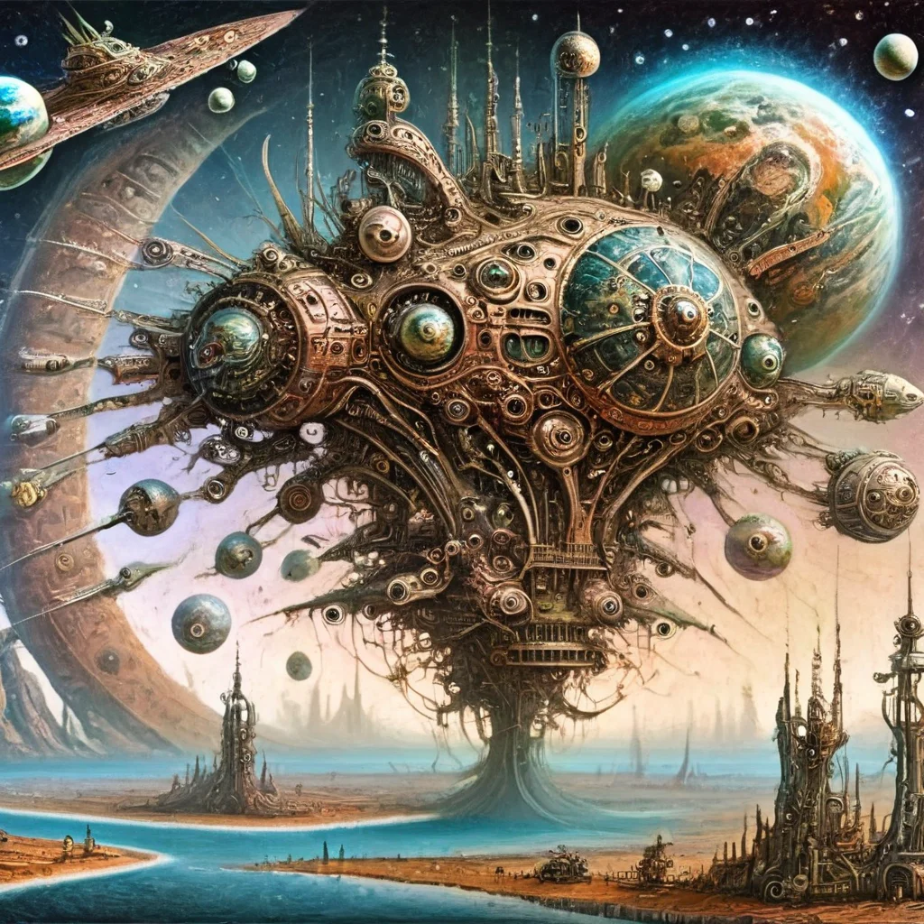 fantoria alien ships around the planet view from space <lora:fantoria:1>