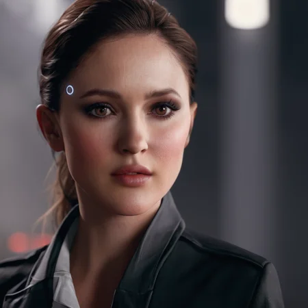 cinematic film still of  <lora:perfection style:0.3> perfection 
 <lora:Unreal Engine style:0.3> Unreal Engine
<lora:Detroit Become Human style:1>
Minka Kelly In the year 2038 North a woman with a white shirt and a black jacket,Spanish, shallow depth of field, vignette, highly detailed, high budget, bokeh, cinemascope, moody, epic, gorgeous, film grain, grainy