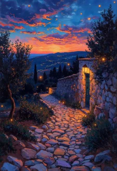 oil painting,OByouhua,
A cozy oil painting of a pebble path going up towards a beautiful, blood-orange sunset with blue hue. On the left of the path are olive trees, on the right of the path is an old and worn out wall. The path is full of fireflies. The colors are intense, conveying a sense of isolation and vastness. The brushstrokes are bold and sweeping, while the fireflies are the focus of detail.