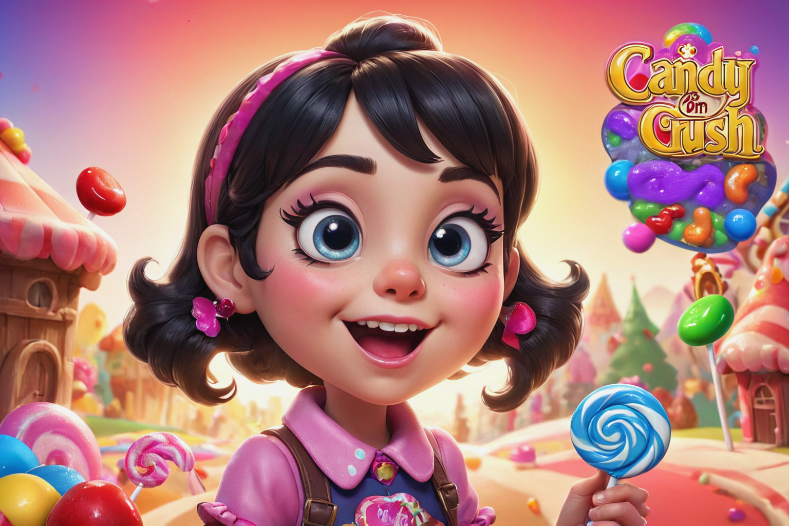 a candy crush game with a girl holding a candy wand and candy candies around her neck and the words candy crush on the front, promotional image, a screenshot, kitsch movement, cinematic backlighting, magical deep shadows, ultra-realism