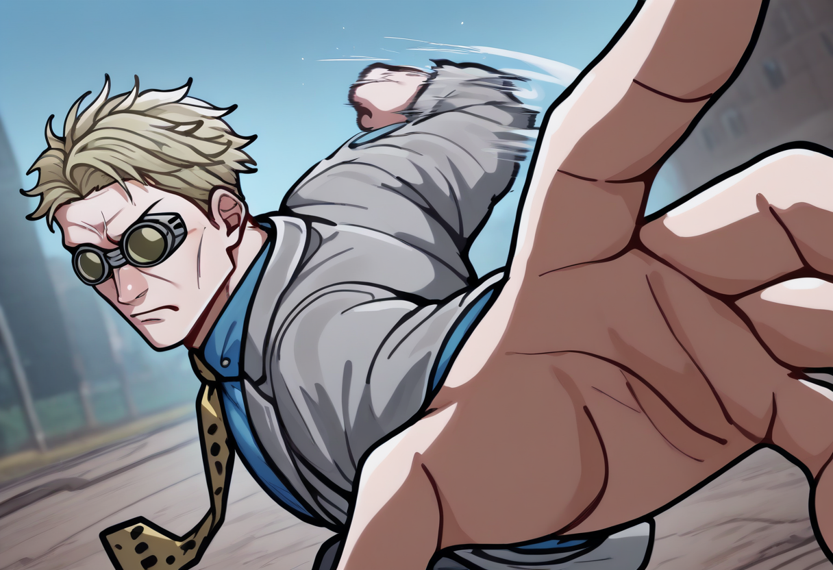masterpiece, best quality, newest, absurdres, highres, IncrsPunchMeme, <lora:PepePunchMeme_illusXLNoobAI_Incrs_v1:1.3>, outdoors, motion lines, upper body, <lora:ChamKentoNanamiIllustriousXL:1>, NanamiBase, blonde hair, short hair, goggles, grey jacket, yellow necktie, leopard print, blue shirt, collared shirt, solo, incoming attack, angry,