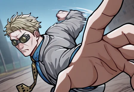 masterpiece, best quality, newest, absurdres, highres, IncrsPunchMeme, <lora:PepePunchMeme_illusXLNoobAI_Incrs_v1:1.3>, outdoors, motion lines, upper body, <lora:ChamKentoNanamiIllustriousXL:1>, NanamiBase, blonde hair, short hair, goggles, grey jacket, yellow necktie, leopard print, blue shirt, collared shirt, solo, incoming attack, angry,