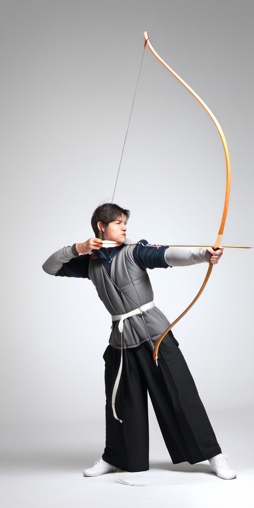 Bow, recurve bow, solo, short hair, simple background, black hair, long sleeves, 1boy, white background, holding, full body, weapon, male focus, shoes, pants, hood, holding weapon, hoodie, black pants, white footwear, sneakers, bow \(weapon\), arrow \(projectile\), holding bow \(weapon\), aiming, holding arrow, drawing bow in the style of <lora:bow01_xl:1>