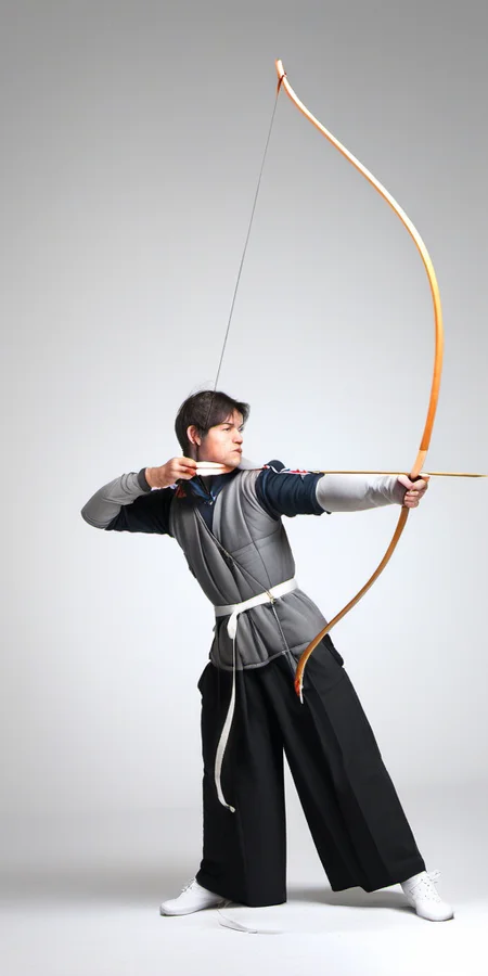 Bow, recurve bow, solo, short hair, simple background, black hair, long sleeves, 1boy, white background, holding, full body, weapon, male focus, shoes, pants, hood, holding weapon, hoodie, black pants, white footwear, sneakers, bow \(weapon\), arrow \(projectile\), holding bow \(weapon\), aiming, holding arrow, drawing bow in the style of <lora:bow01_xl:1>