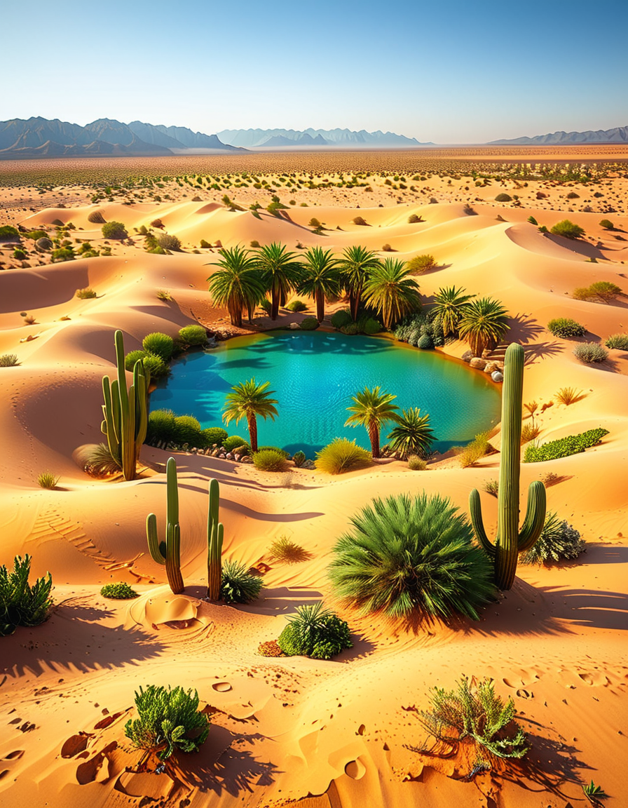 A serene oasis in the middle of an expansive golden desert, surrounded by rolling sand dunes under a vibrant blue sky. The oasis features a small, crystal-clear lagoon with calm, reflective water, bordered by lush green palm trees and colorful tropical plants. The scene is bathed in warm sunlight, with soft golden light illuminating the sand and creating subtle shadows among the dunes. In the background, faint silhouettes of distant mountains blend into the horizon. A few wisps of white clouds drift lazily in the sky, adding depth and texture to the composition. The overall atmosphere is peaceful and tranquil, evoking a sense of calm and wonder in the harsh desert landscape.<lora:SDXLFaeTastic2400:0.4> <lora:extremely_detailed:0.4> extremely detailed, <lora:O4s1s:1>,O4s1s, Masterpiece,best quality,hi res,8k,hi res,8k,award winning,(sharp focus, intricate, highly detailed),
