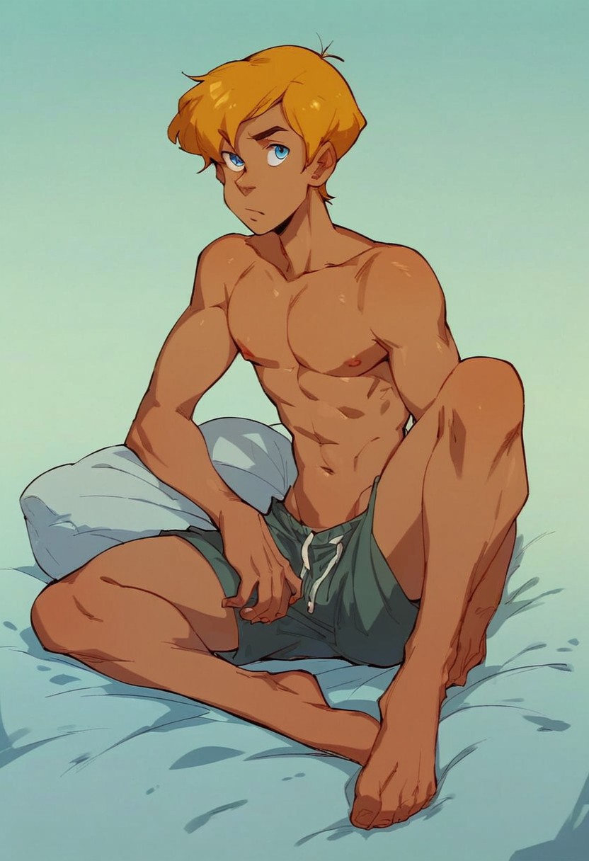 score_9, score_8_up, score_7_up, score_6_up, score_5_up, score_4_up, 
 1boy, male focus, solo, topless male, blue eyes, blonde hair, short hair, legs, full body,