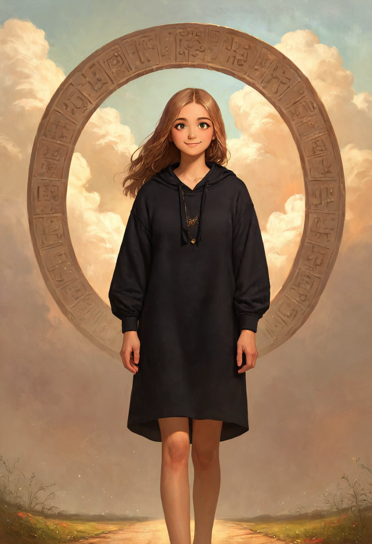 score_9, score_8_up, score_7_up, score_6_up, score_5_up, score_4_up, rating_safe, source_anime, anime, beautiful Spanish woman, age 21, light tan, long brown hair, hair flowing with the wind, ancient stone circle in a meadow under a cosmic sky, irresistible, (casual:1.3), cute ideal face, ideal body, cute smile, black hooded dress, (casual:1.3), <lora:BT_Hooded_Dress_Pony:0.6>, <lora:CALM_testXL_4image_125steps:0.7>