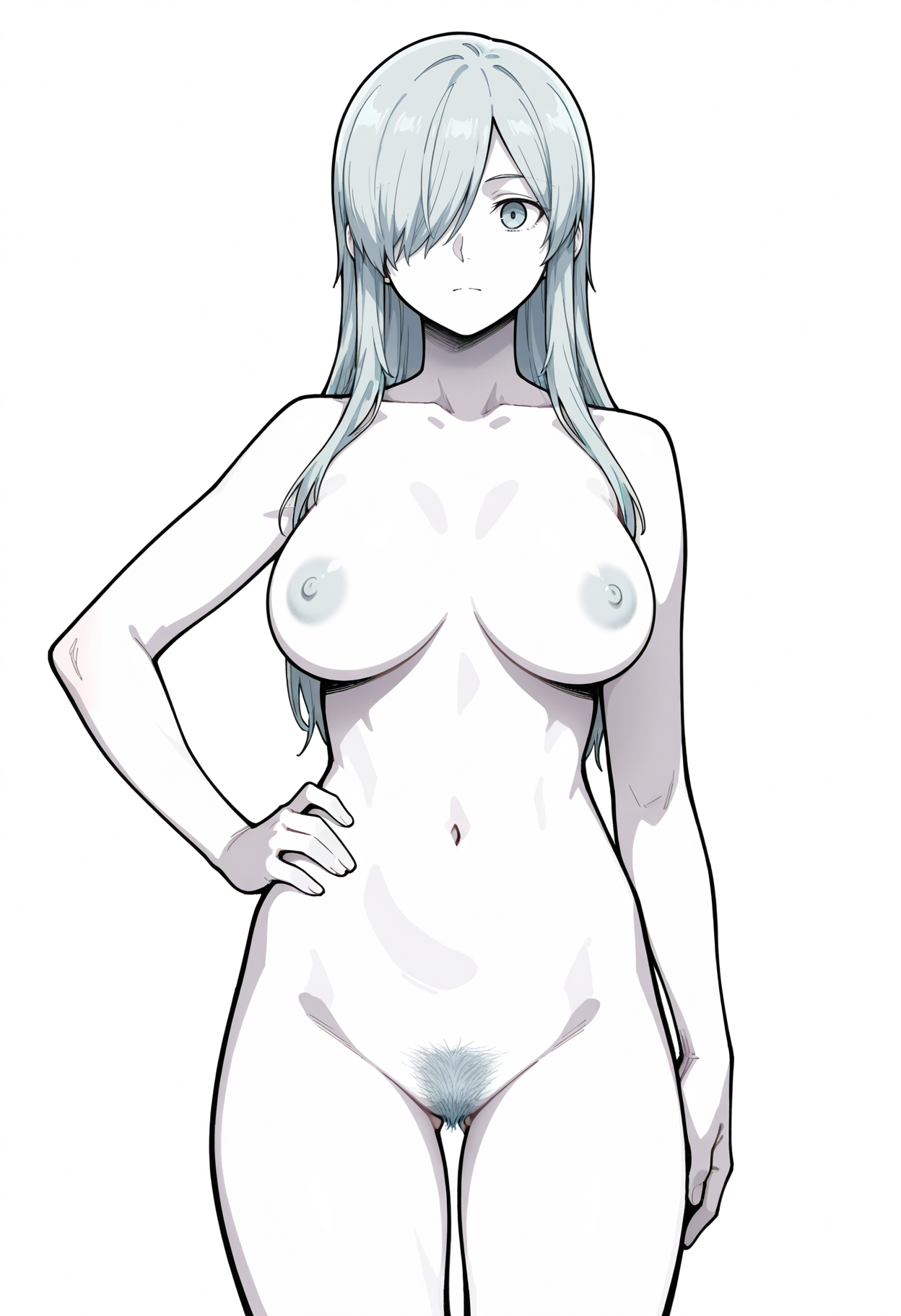 masterpiece, best quality,
1girl, solo, 
standing, hand on own hip, 
looking at viewer,
<lora:U-1196:1> s4s41196, white skin, white hair, hair over one eye, long hair, blue eyes, 
nude, female pubic hair, 
simple background, white background,