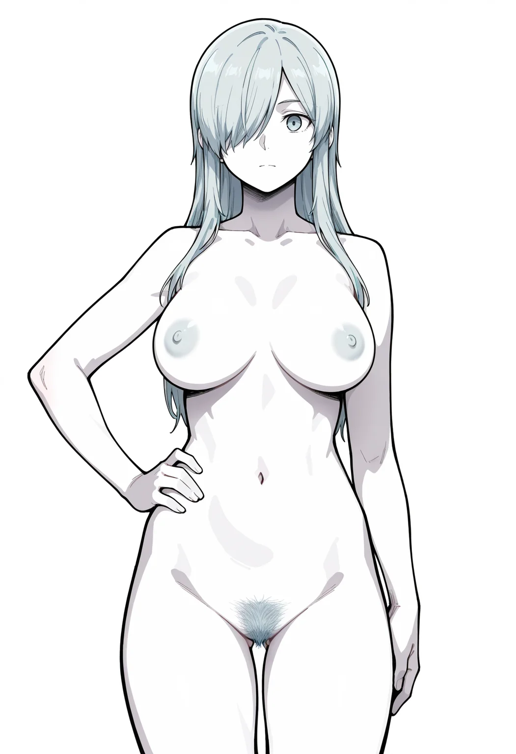 masterpiece, best quality,
1girl, solo,
standing, hand on own hip,
looking at viewer,
<lora:U-1196:1> s4s41196, white skin, white hair, hair over one eye, long hair, blue eyes,
nude, female pubic hair,
simple background, white background,