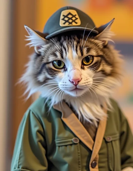 photograph of a medium length hair white and grey cat at art gallery wearing a ranger costume, yellow eyes,
nijcat <lora:nijcat:1>