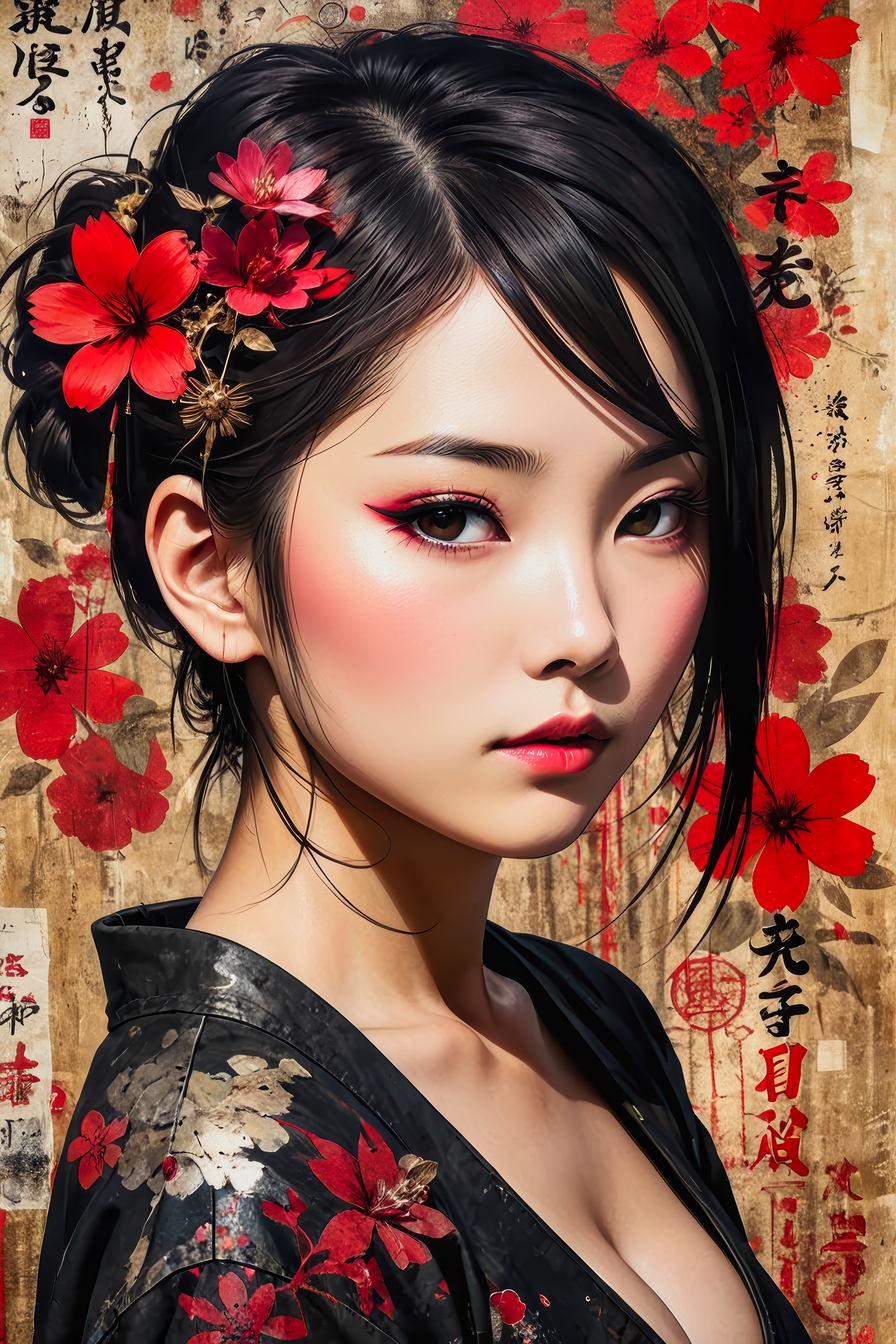 japanese woman, beautiful face, wabi-sabi art, abstract, punk collage, urbanpunk, flowerpunk, random textures, random graffiti strokes, (kanji characters:1.6), surreal artwork, Impermanence.(poster art, illustration, expressive:1.4), .(intricate details, masterpiece, best quality:1.4), .environmental view, full length body shot, head to toe, .black and red color palette, .soft lighting, .<lora:add-detail-xl:1.0>.
