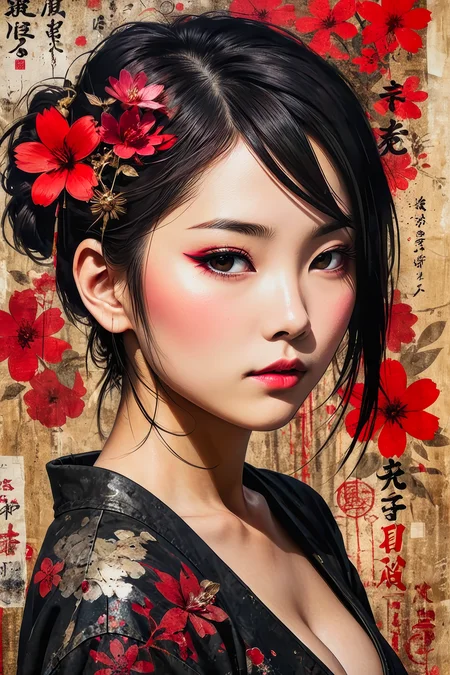 japanese woman, beautiful face, wabi-sabi art, abstract, punk collage, urbanpunk, flowerpunk, random textures, random graffiti strokes, (kanji characters:1.6), surreal artwork, Impermanence.(poster art, illustration, expressive:1.4), .(intricate details, masterpiece, best quality:1.4), .environmental view, full length body shot, head to toe, .black and red color palette, .soft lighting, .<lora:add-detail-xl:1.0>.