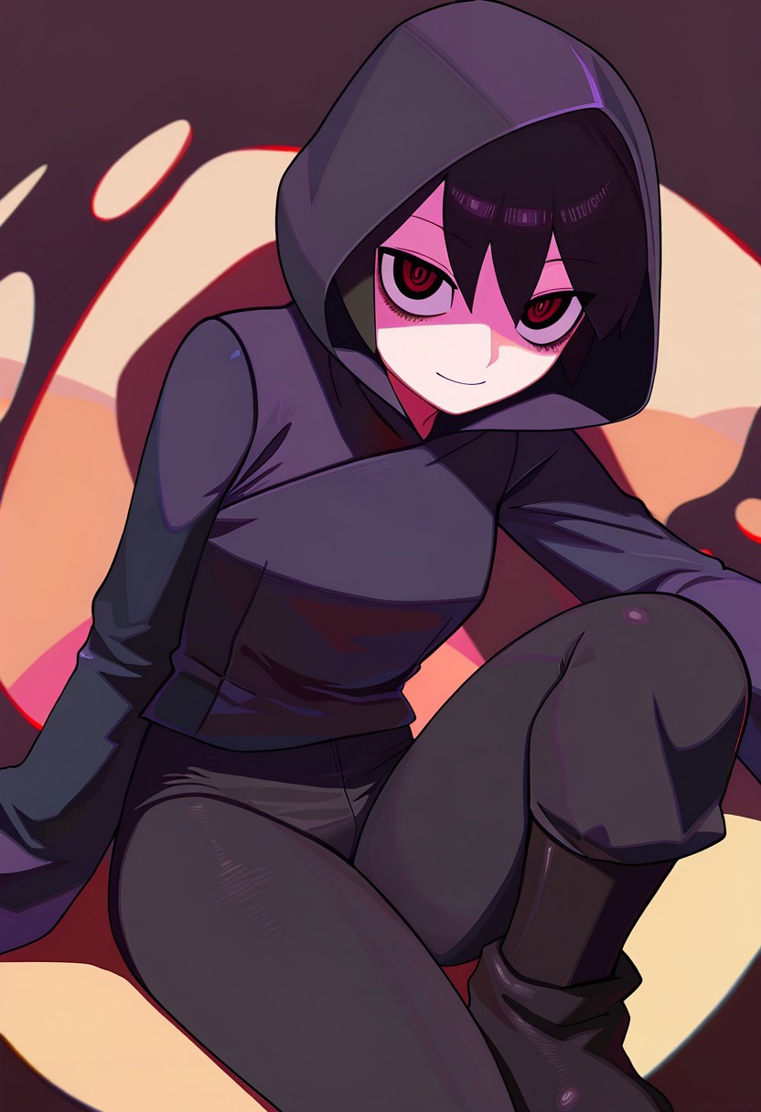 masterpiece,best quality,absurdres, amazing quality, hi res, masterpiece, best quality, detailed, amazing quality, detailed face, detailed eyes, clean eyes, best quality, highres, very aesthetic, newest, ultra-detailed, (best quality:1.1),ultra-detailed, high resolution, super detailed skin, beautiful detailed eyes, nsfw, Brightly Lit, Highly Visible, 8k, sharp focus, beautiful, perfect lighting, beautiful eyes, anatomically correct, anatomically correct face, extremely detailed eyes, smooth edges, beautiful face, symmetrical eyes, symmetrical face, 
BREAK MNSTRBLL_ST, CSLBGM_ST, MXSTL_IL, CUTNS_STL, KWAI_ST, 1girl,  fair skinned, long hair,  black hair,  assassin,  black_jacket,  leather_clothes,  black hood,  hooded,  shadows,  black smoke surrounding him,  black pants,  black boots,  brown eyes,
