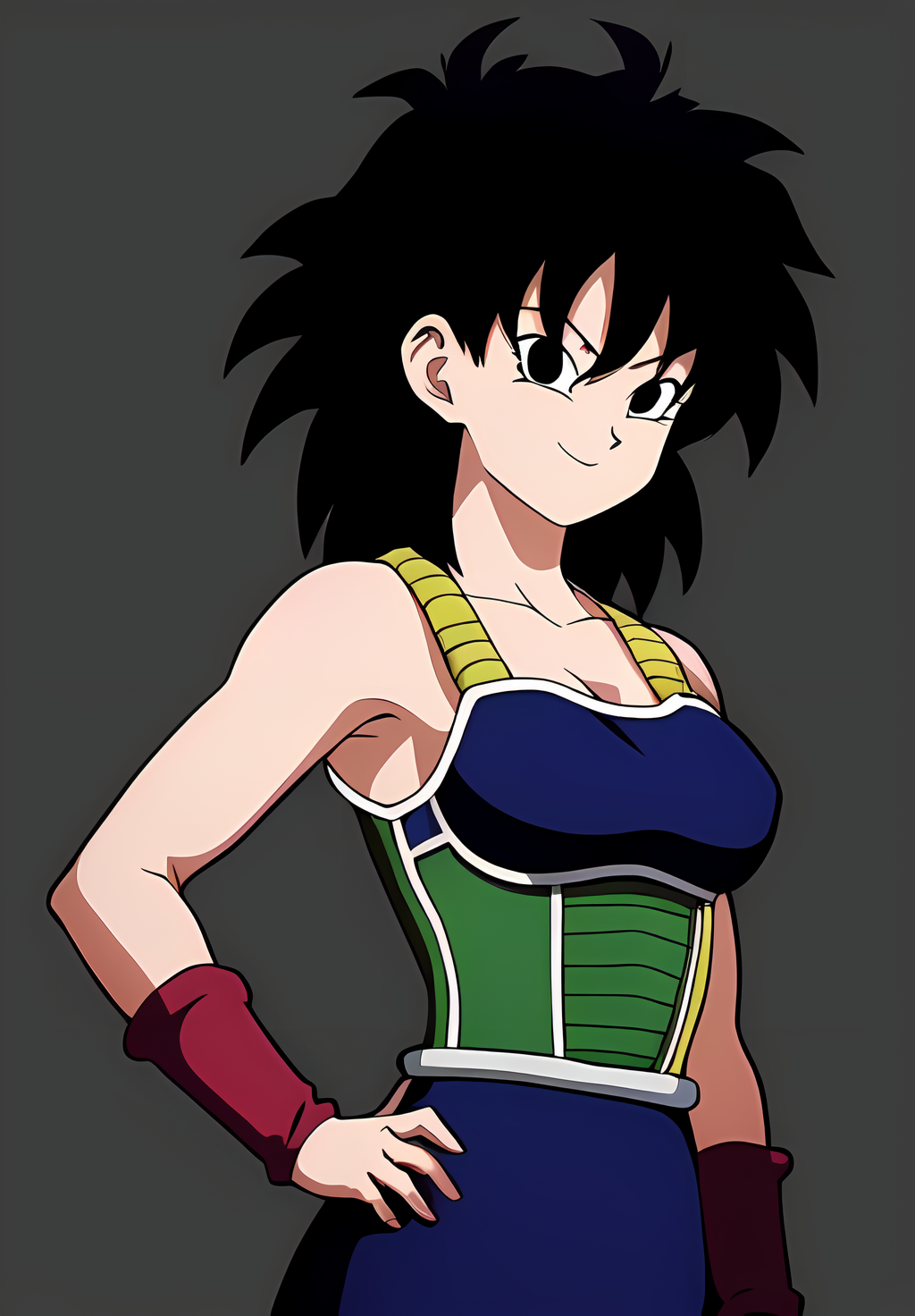 (Photo:1.3), highdetail, <lora:Gine:0.8>, Gine, 1girl, solo, looking at viewer, smile, simple background, bare shoulders, closed mouth, collarbone, upper body, armor, hand on hip, bare arms, black background, wristband, arm at side, outline, saiyan armor, (acclaimed, alluring, captivating, exciting, gorgeous, striking:1.3), (trending on artstation:1.3)
