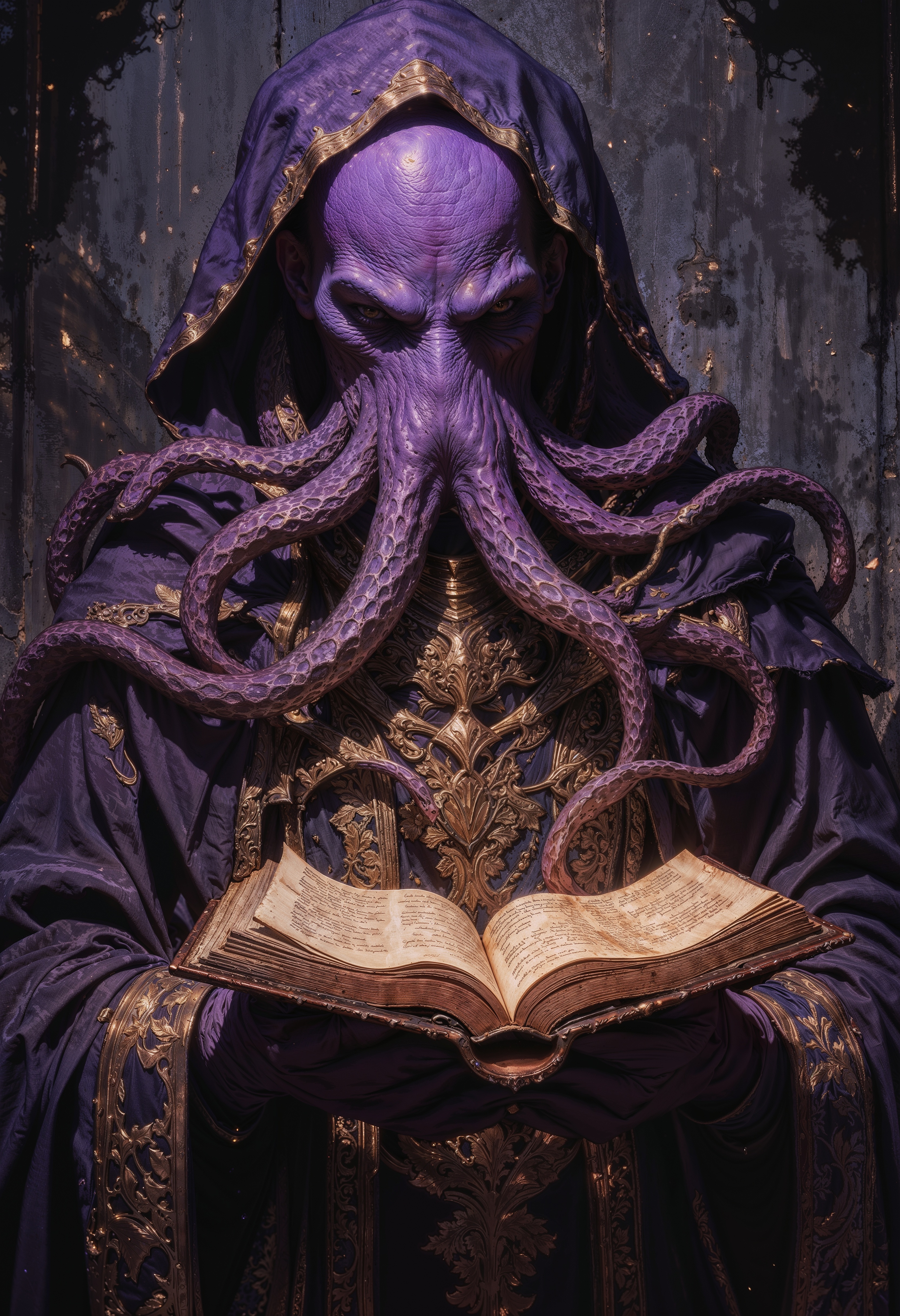 a digital artwork depicting an otherworldly figure with a blend of human and fantastical elements. The subject is a humanoid with a predominantly purple skin tone, resembling a cephalopod. The figure has a large, smooth, bulbous head with no visible eyes, nose, or mouth, and is adorned with numerous writhing tentacles that emerge from the top of the head, curling and twisting around the figure's body. The tentacles have a shiny, wet texture, adding to the eerie and alien appearance.
The figure is dressed in a voluminous, dark purple robe with intricate gold trim and ornate patterns, giving it an air of mysticism and grandeur. The robe is draped over the shoulders and hangs loosely, with the sleeves partially covering the hands. The hands are holding an open, ancient-looking book with yellowed pages, suggesting a sense of wisdom or knowledge. The background is dark and shadowy, with indistinct shapes that hint at a cave or a mysterious, dimly lit chamber, enhancing the overall enigmatic and haunting atmosphere of the scene. The image is highly detailed, with a focus on texture and shading, making the subject appear almost three-dimensional and lifelike. <lora:FluxMythG0thicL1nes:0.6> <lora:FluxMythR3alisticF:0.5> <lora:RetroAnimeFluxV1:0.6> <lora:OB半写实肖像画V2.0:0.6>