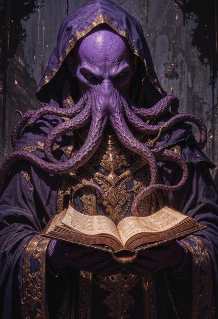 a digital artwork depicting an otherworldly figure with a blend of human and fantastical elements. The subject is a humanoid with a predominantly purple skin tone, resembling a cephalopod. The figure has a large, smooth, bulbous head with no visible eyes, nose, or mouth, and is adorned with numerous writhing tentacles that emerge from the top of the head, curling and twisting around the figure's body. The tentacles have a shiny, wet texture, adding to the eerie and alien appearance.
The figure is dressed in a voluminous, dark purple robe with intricate gold trim and ornate patterns, giving it an air of mysticism and grandeur. The robe is draped over the shoulders and hangs loosely, with the sleeves partially covering the hands. The hands are holding an open, ancient-looking book with yellowed pages, suggesting a sense of wisdom or knowledge. The background is dark and shadowy, with indistinct shapes that hint at a cave or a mysterious, dimly lit chamber, enhancing the overall enigmatic and haunting atmosphere of the scene. The image is highly detailed, with a focus on texture and shading, making the subject appear almost three-dimensional and lifelike. <lora:FluxMythG0thicL1nes:0.6> <lora:FluxMythR3alisticF:0.5> <lora:RetroAnimeFluxV1:0.6> <lora:OB半写实肖像画V2.0:0.6>
