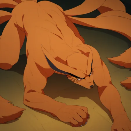 score_9, score_8_up, score_7_up BREAK Kurama, nine tailed fox, kyuubi, 1boy, solo, bored, muscular male, red eyes, closed mouth, on all fours