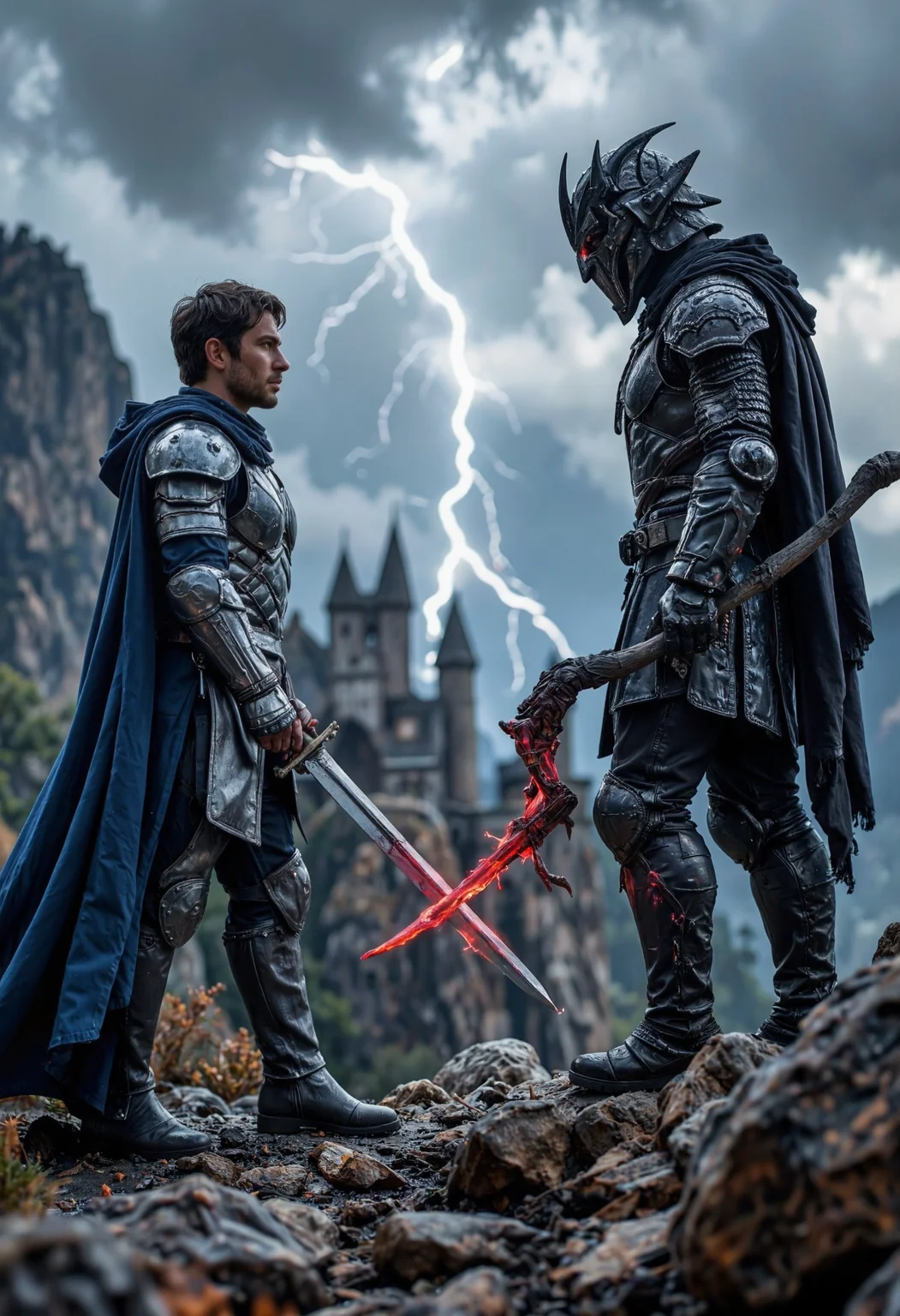 A dramatic face-off between a hero and a villain on a craggy mountaintop, with storm clouds swirling ominously above them, lit by flashes of lightning. The hero, clad in silver armor with a flowing blue cape, stands strong with a gleaming sword held ready, determination set in their gaze. Across from them, the villain, shrouded in dark, jagged armor that seems to absorb the light, wields a twisted staff crackling with red energy. The rocky ground between them is cracked and scorched from their previous clashes, and the cinematic lighting creates sharp shadows that highlight the intensity in their faces. In the background, the faint outline of a medieval castle can be seen below, its towers silhouetted against the stormy sky, adding a sense of grandeur and stakes to this epic battle of good versus evil<lora:Flux.1_Turbo_Detailer.safetensors:0.7000000000000001:0.7000000000000001> <lora:Translucent_Colored_Glass_v02.safetensors:0.2:0.2>
