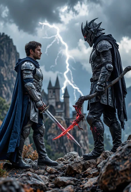 A dramatic face-off between a hero and a villain on a craggy mountaintop, with storm clouds swirling ominously above them, lit by flashes of lightning. The hero, clad in silver armor with a flowing blue cape, stands strong with a gleaming sword held ready, determination set in their gaze. Across from them, the villain, shrouded in dark, jagged armor that seems to absorb the light, wields a twisted staff crackling with red energy. The rocky ground between them is cracked and scorched from their previous clashes, and the cinematic lighting creates sharp shadows that highlight the intensity in their faces. In the background, the faint outline of a medieval castle can be seen below, its towers silhouetted against the stormy sky, adding a sense of grandeur and stakes to this epic battle of good versus evil<lora:Flux.1_Turbo_Detailer.safetensors:0.7000000000000001:0.7000000000000001> <lora:Translucent_Colored_Glass_v02.safetensors:0.2:0.2>