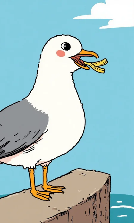 A seagull holds a French fry in its mouth <lora:flux-test\flux.1_lora_flyway_simple-illustration.safetensors:1.1:1.1>