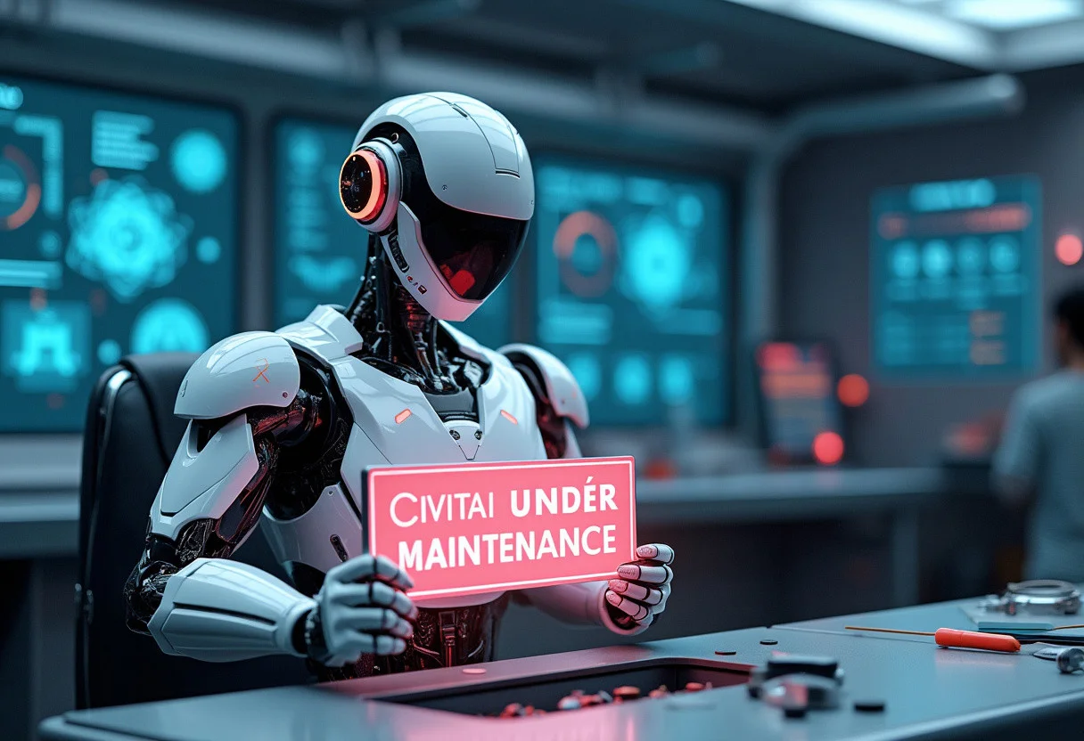 Robot Repair
A futuristic robot being repaired in a high-tech lab. The robot holds a sign that says, "Civitai Under Maintenance." The background shows various holographic displays and tools.