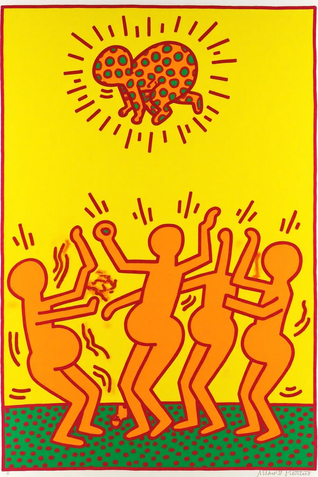 keithharing1 pop art illustration of 
five bright orange dancing pregnant figures against a yellow background. An orange baby with green dot is floating above the dancer. <lora:keithharing1_cap_d6a3:1.0><lora:834314070594372010:0>