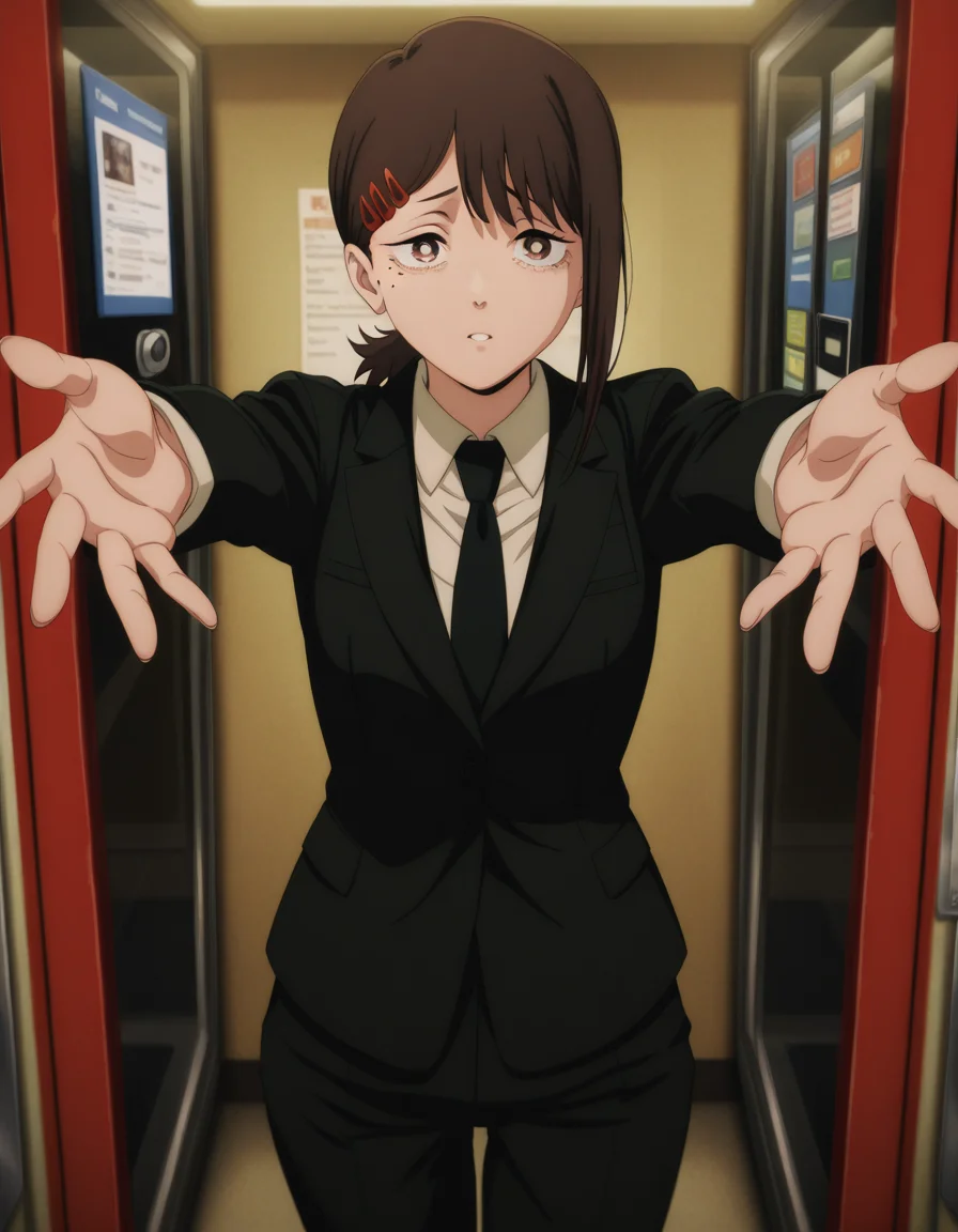 masterpiece, best quality, amazing quality,, <lora:kobeni-higashiyama-s1-illustriousxl-lora-nochekaiser:1>, kobeni higashiyama, higashiyama kobeni, black hair, hair ornament, hairclip, mole, mole under eye, ponytail, short hair, brown eyes, mature female, small breasts, anime screencap, black necktie, black pants, business suit, formal, long sleeves, necktie, pants, suit,, on back, arm support, arms up, incoming hug, pov, reaching, reaching towards viewer,, phone booth, glass, phone, street, retro, cowboy shot, solo, looking at viewer