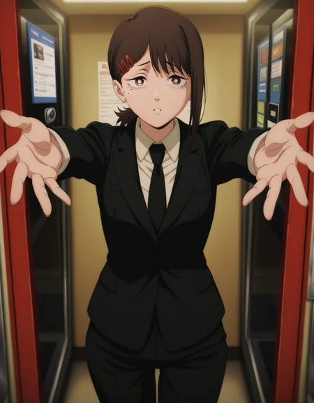 masterpiece, best quality, amazing quality,, <lora:kobeni-higashiyama-s1-illustriousxl-lora-nochekaiser:1>, kobeni higashiyama, higashiyama kobeni, black hair, hair ornament, hairclip, mole, mole under eye, ponytail, short hair, brown eyes, mature female, small breasts, anime screencap, black necktie, black pants, business suit, formal, long sleeves, necktie, pants, suit,, on back, arm support, arms up, incoming hug, pov, reaching, reaching towards viewer,, phone booth, glass, phone, street, retro, cowboy shot, solo, looking at viewer